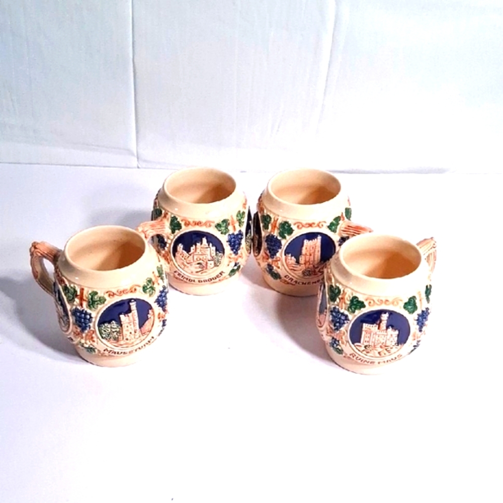 Vintage Gertz Rumtopf Set of 4 Mugs, Castle Stoneware, Germany 1950's